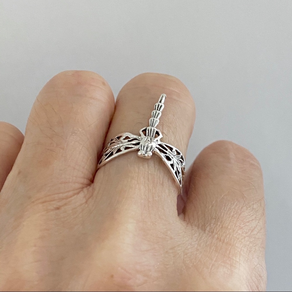 Sterling Silver Thin Dragonfly Ring, Boho Ring - image 4